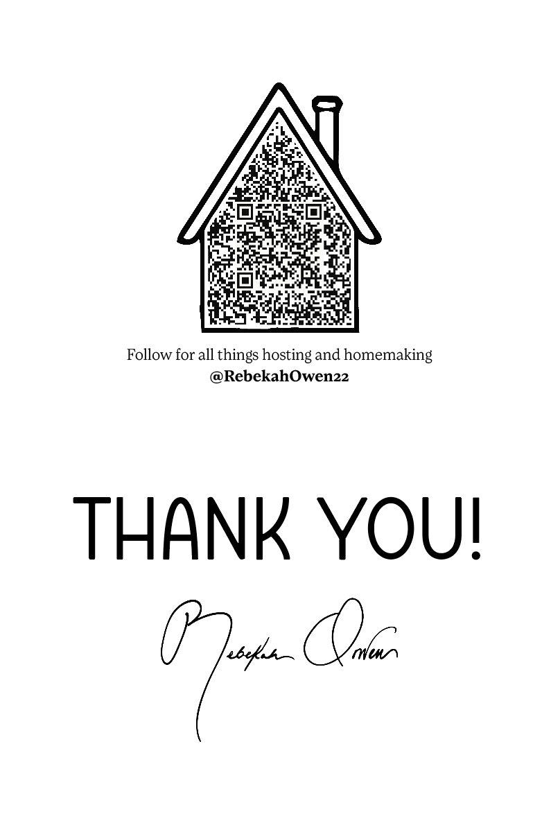 Thank-you card with a house-shaped QR code linking to Instagram for hosting and homemaking